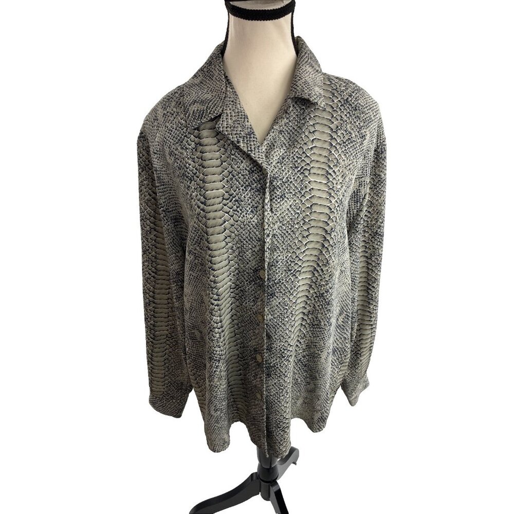 Chaus Womens Blouse Button Front Snake Print Gray Blue Long Sleeve Size 10